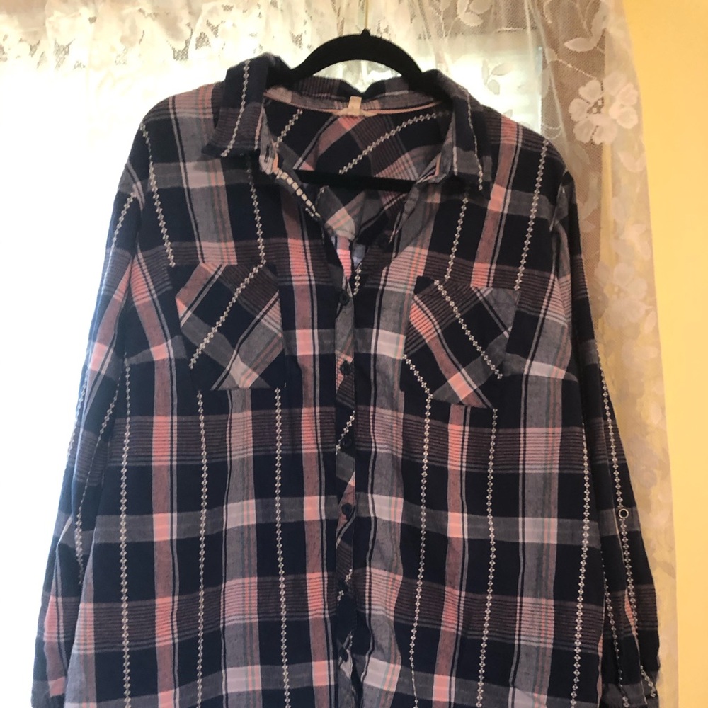 Pink and black plaid button down shirt